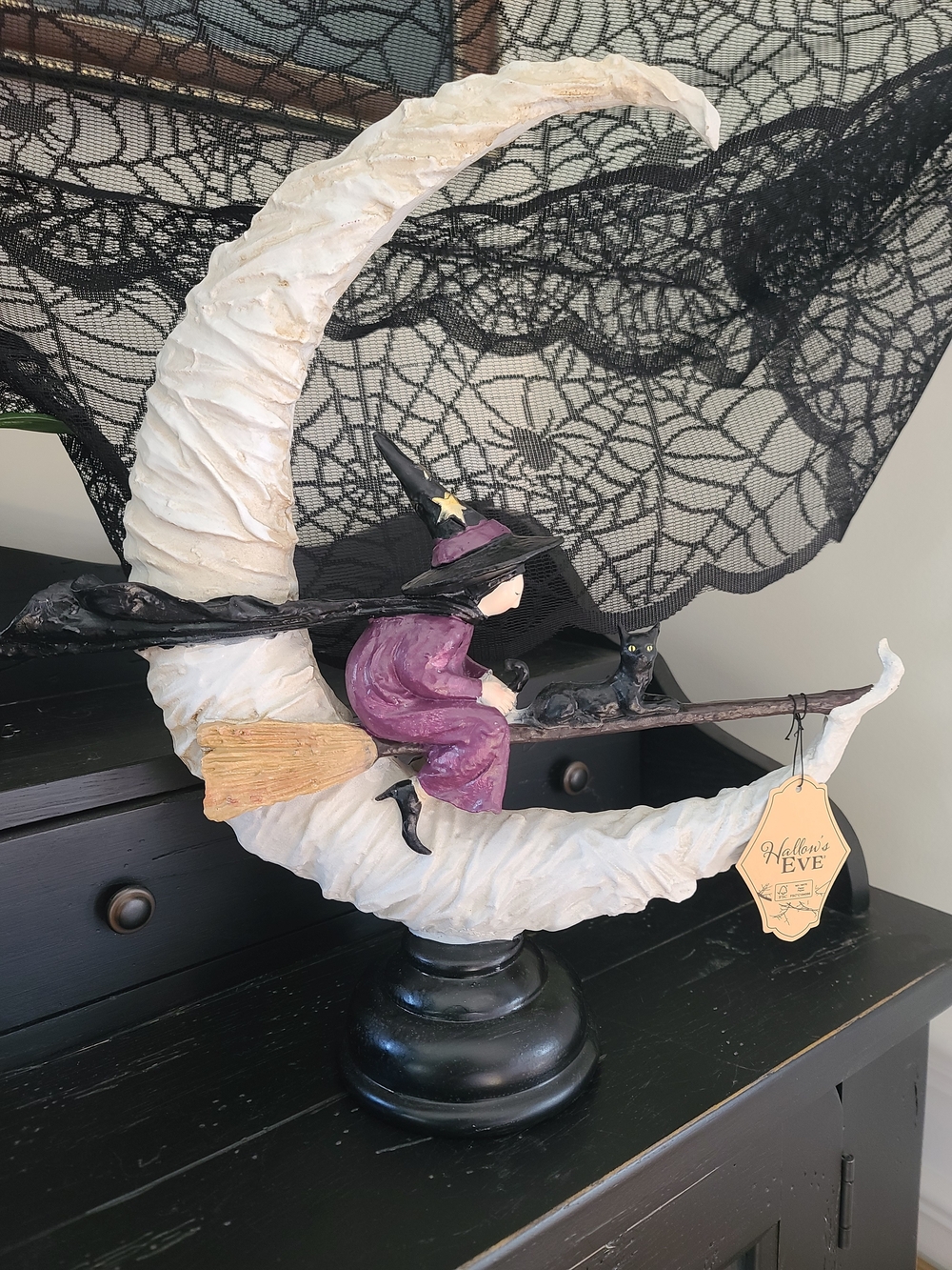 Halloween Moon Witch Figurine - Purple Witch on Crescent Moon